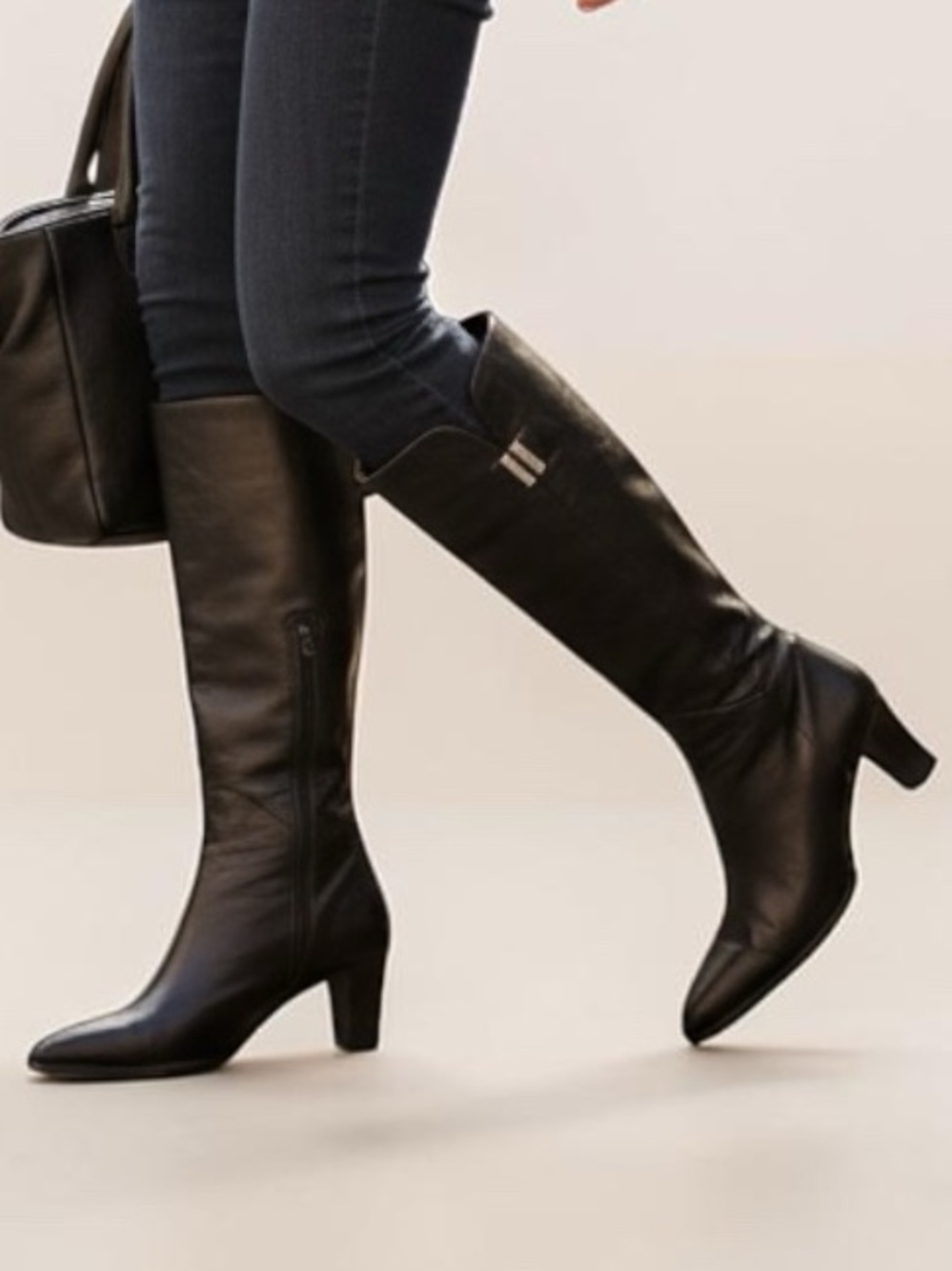 MAJORA | Women’s Classic Black Leather Knee-High Heel Boots size 40 Square Toe